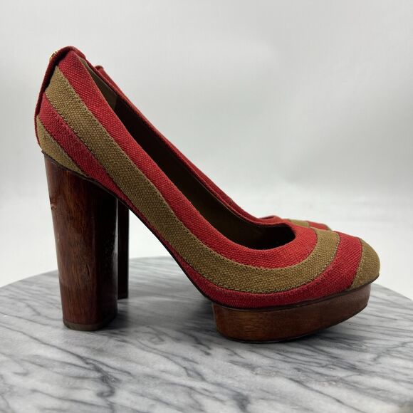 Tory Burch Joelle Platform Pump Womens 8 Linen Patchwork Wood Heel Round Toe - Picture 2 of 11